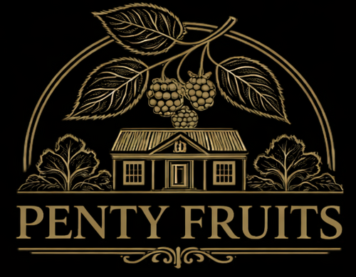 Logo Penty Fruits avec illustration de petits fruits au-dessus d’une maison, design noir et or pour marque artisanale de jeunes arbres fruitiers.