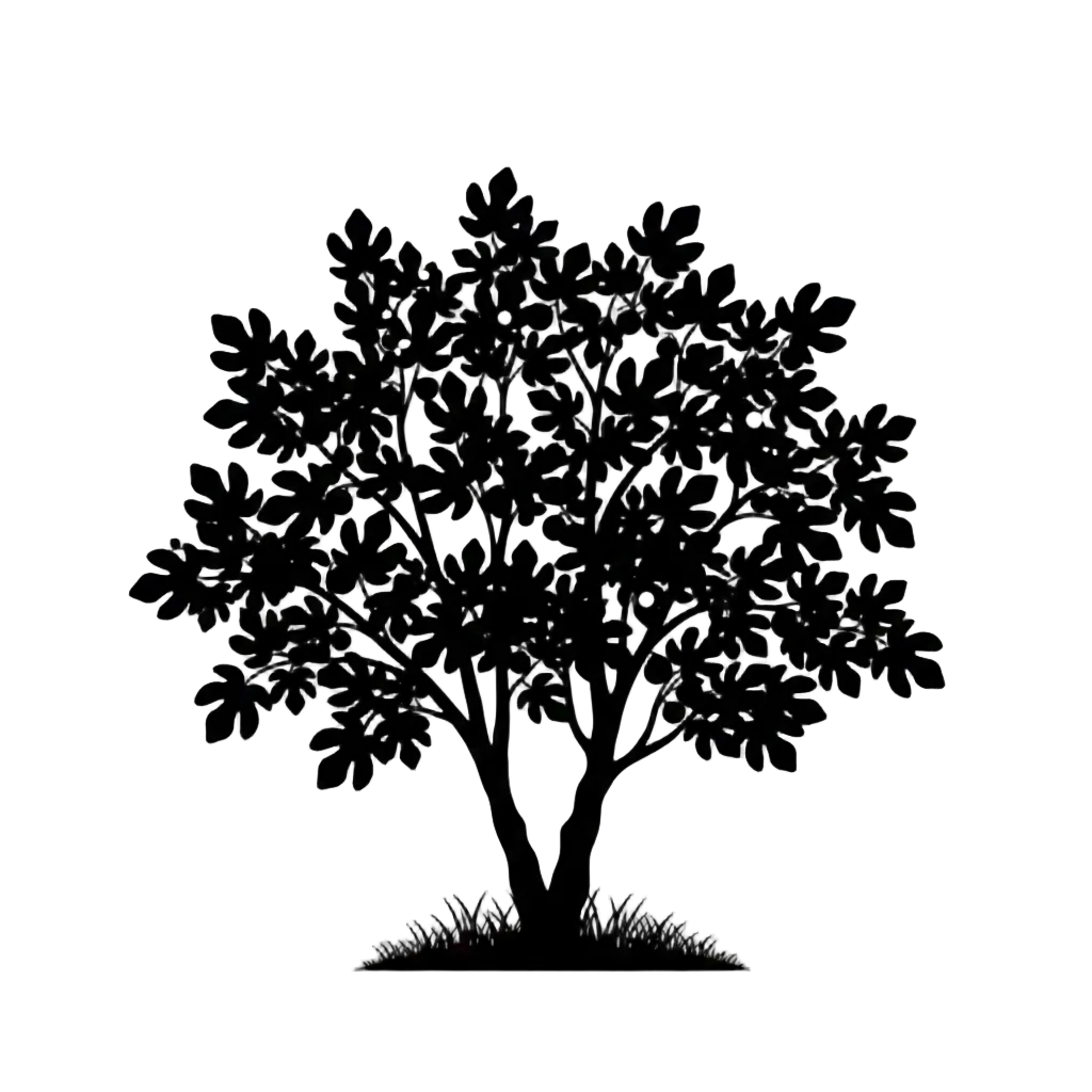 Silhouette noire d'un figuier, ficus carica, variété madeleine des deux saisons, appelé également angélique, figuier d'or, early lemon et illustrant la forme adulte de cette espèce