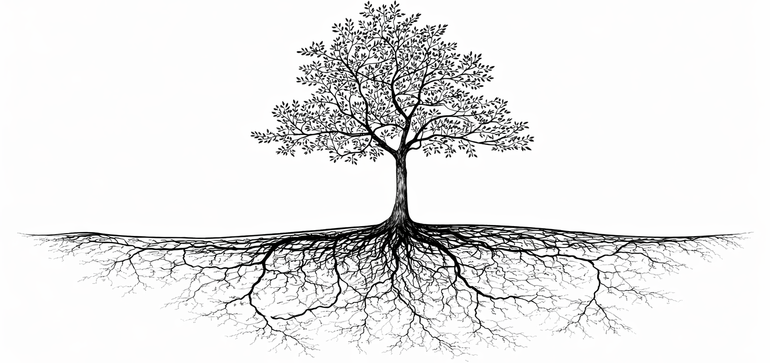 Illustration en noir et blanc d'un arbre avec ses feuilles et son réseau de racines souterraines détaillé.