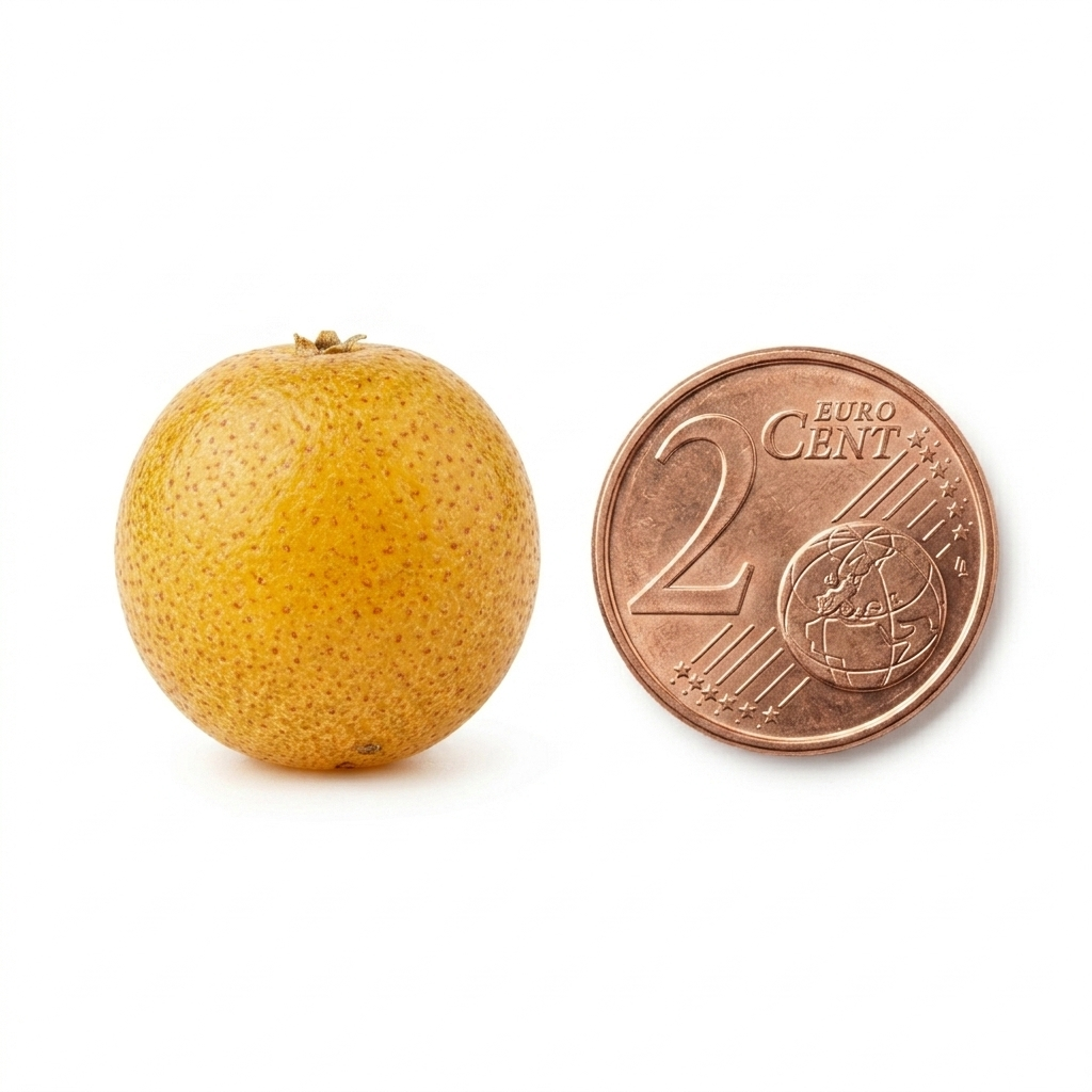 Petite baie jaune sphérique d'un ELEAGNUS UMBELLATA à peau granuleuse placée à côté d'une pièce de 2 centimes d'euro sur fond blanc pour illustrer ses dimensions.