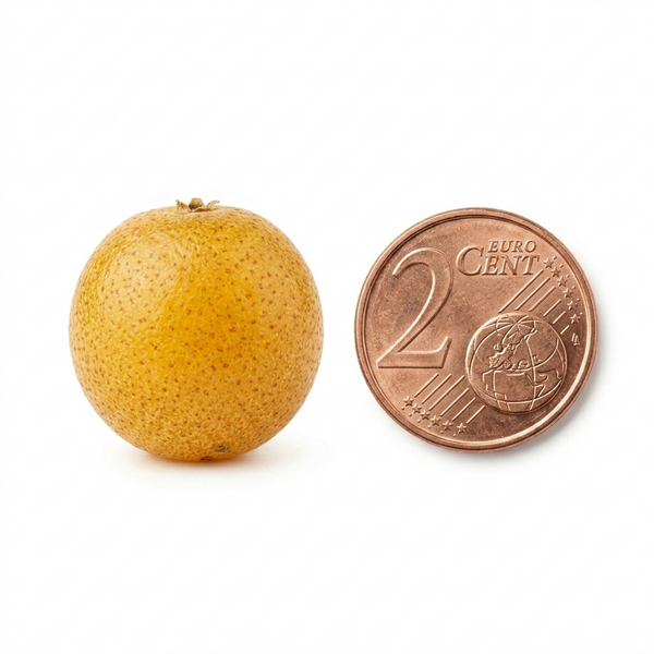 Petite baie jaune sphérique d'un ELEAGNUS UMBELLATA à peau granuleuse placée à côté d'une pièce de 2 centimes d'euro sur fond blanc pour illustrer ses dimensions.