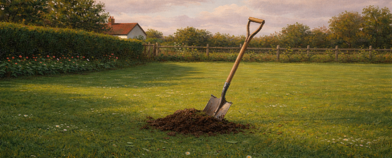 Outil de jardinage manuel dans la terre préparée pour une plantation dans un grand jardin paysager.
