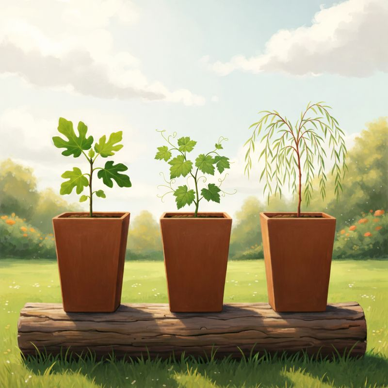 Alignement de trois jeunes plants en pots — un figuier, une vigne et un petit saule — posés sur un tronc en bois dans un jardin ensoleillé, symbolisant le choix possible pour le client entre différents types de plantes