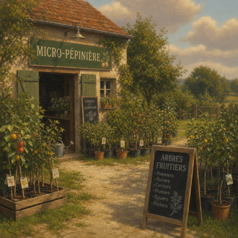 illustration d'une micro-pépinière de campagne avec une petite maison en pierre, des panneaux indiquant Arbres Fruitiers, et de jeunes pommiers et poiriers en pot devant l'entrée.