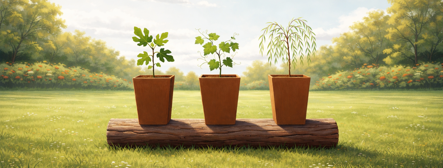 Illustration de trois jeunes arbres en pots (figuier, vigne et saule pleureur) alignés sur un tronc de bois dans une prairie ensoleillée.