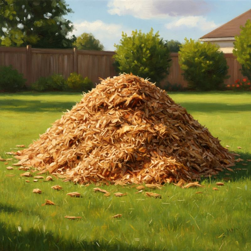 tas de copeaux de bois ou BRF (bois raméal fragmenté) déposé sur une pelouse, destiné au paillage des massifs et à la fertilisation naturelle du sol au jardin.