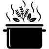 Icône représentant une marmite de cuisson avec des herbes aromatiques et des feuilles s'en échappant, symbolisant l'aptitude d'une plante à être utilisée dans des plats cuisinés