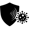 Icône noire minimaliste représentant un bouclier protecteur émettant des ondes de choc pour repousser des virus et des parasites, symbolisant la forte résistance immunitaire d'une plante vigoureuse