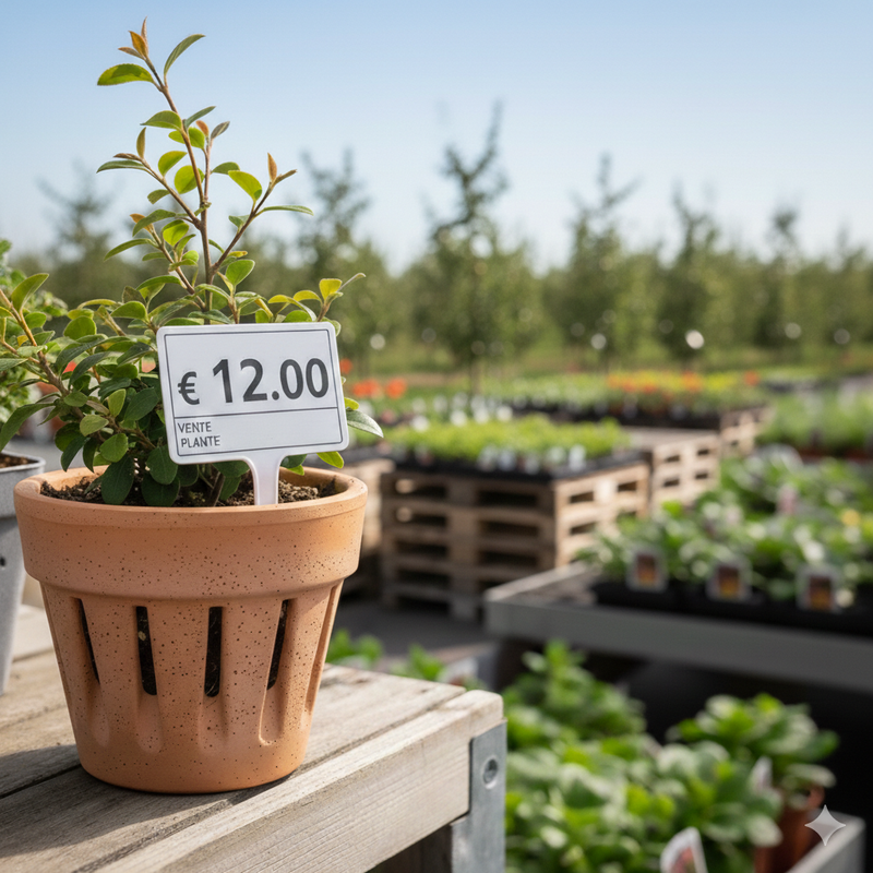 Jeune plante fruitière en vente dans une pépinière extérieure, mise en avant sur un meuble en bois.